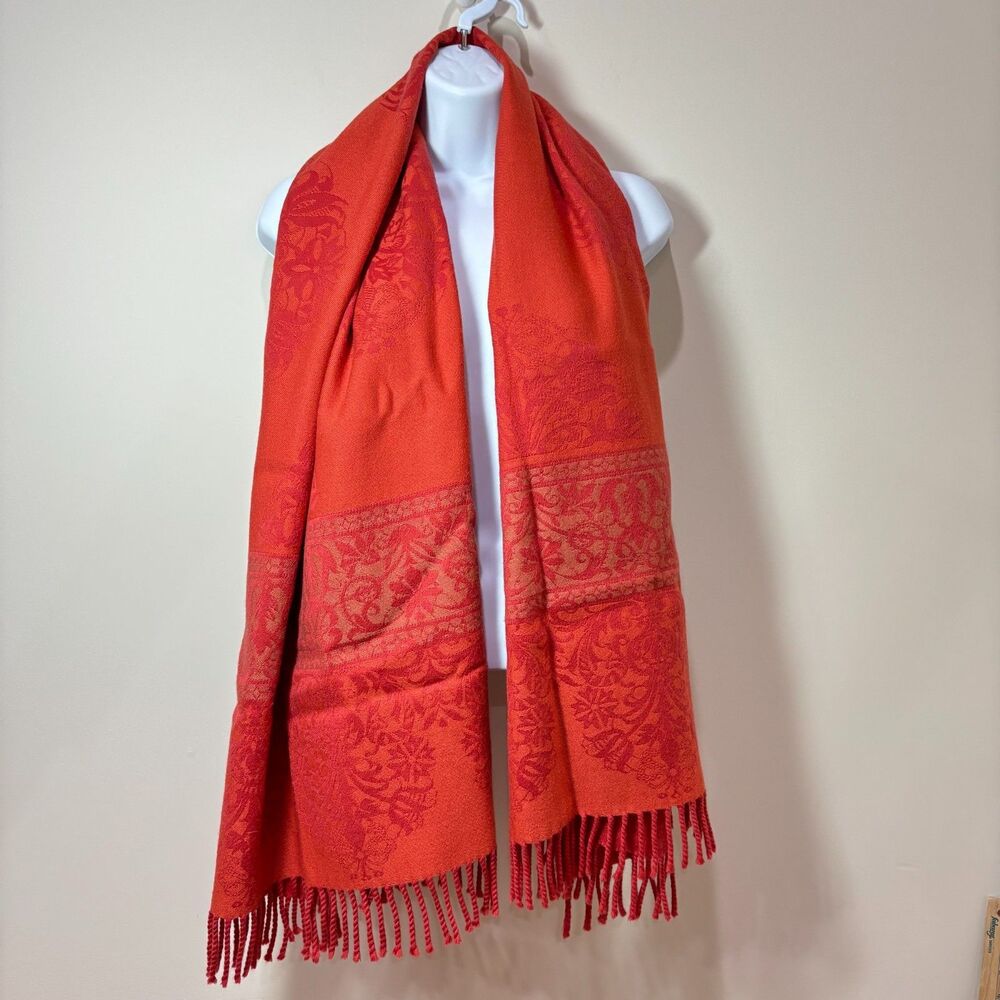 Cecchi e Cecchi Wool Large Scarf Pashmina Wrap Fringe Floral Red Shawl Italy